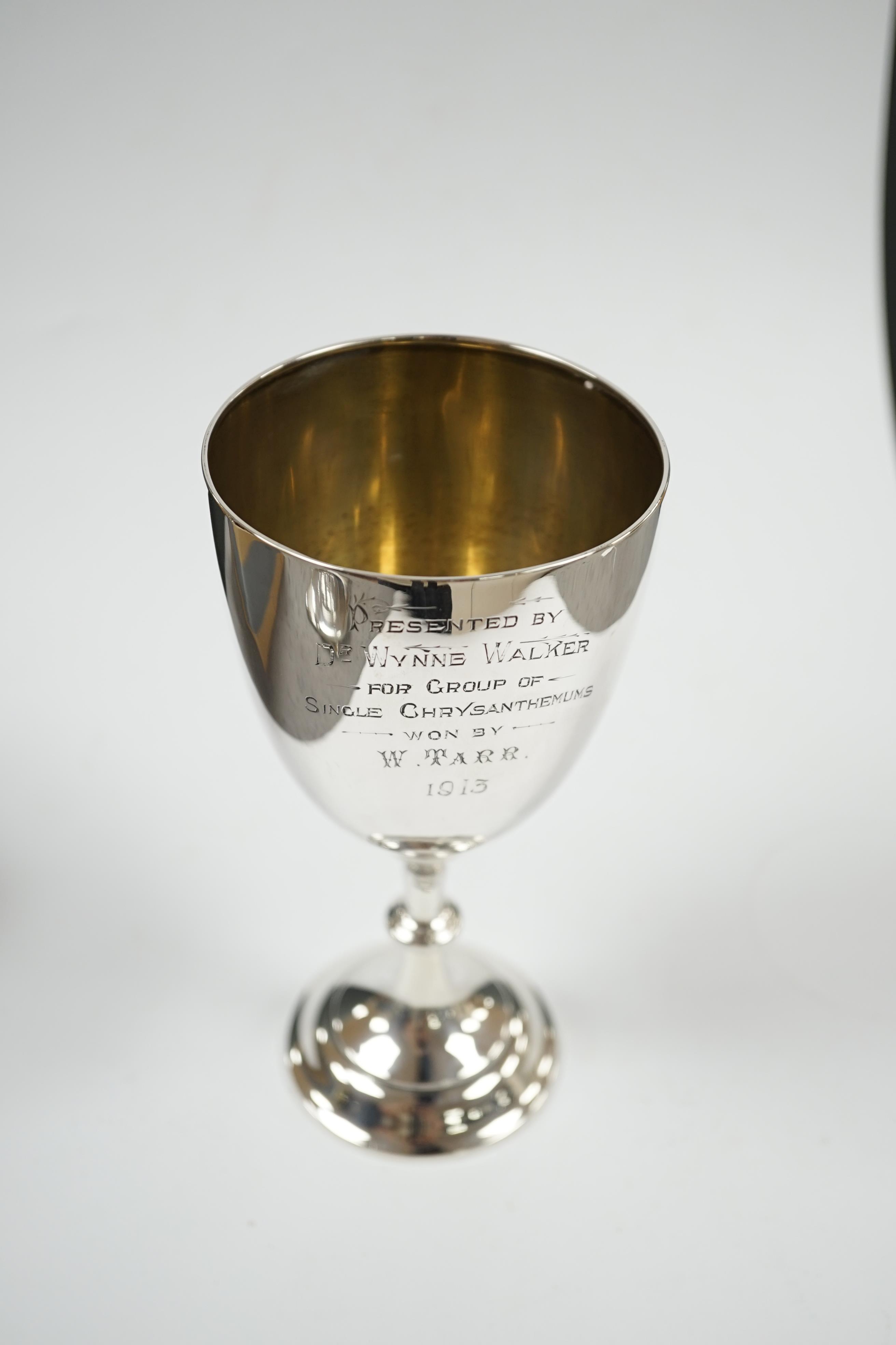 A George V silver goblet, by Charles Stuart Harris & Sons, London 1913, with engraved presentation inscription, 19.2cm, 4.5oz. Condition - fair